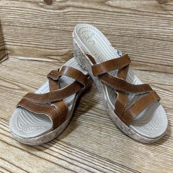 CROCS Shoes - Crocs A-Leigh Cork Brown Wedge Sandals‎ Women Sz 6 Brown Leather Strappy Shoes